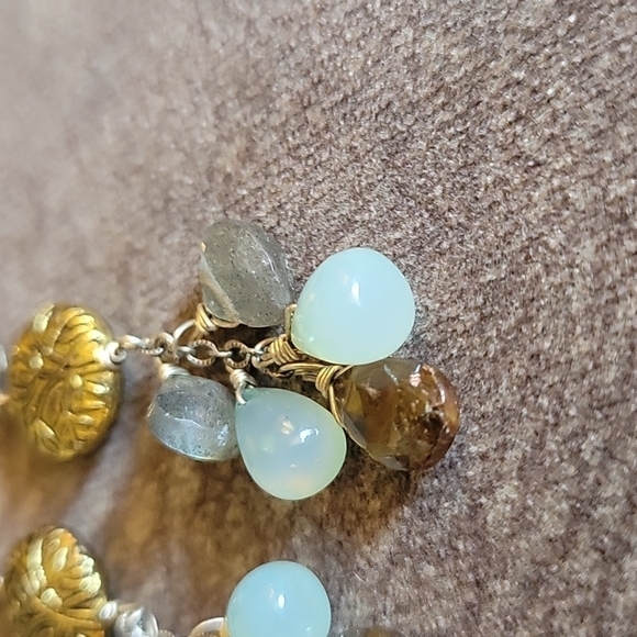 Vtg Brass Moonstone Labrodite Dangle Drop Leverback Hook Earrings - Picture 3 of 6